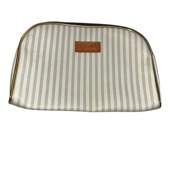 FENDI signature stripe khjaki white makeup zip pouch bag - Picture 1 of 5